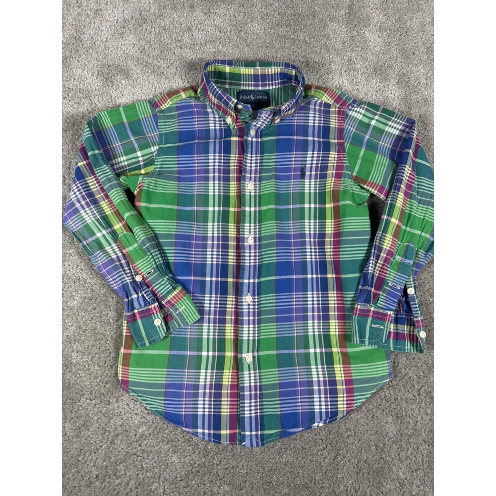 Ralph Lauren Boys Green Blue Plaid Long Sleeve Button Down Shirt Size 6